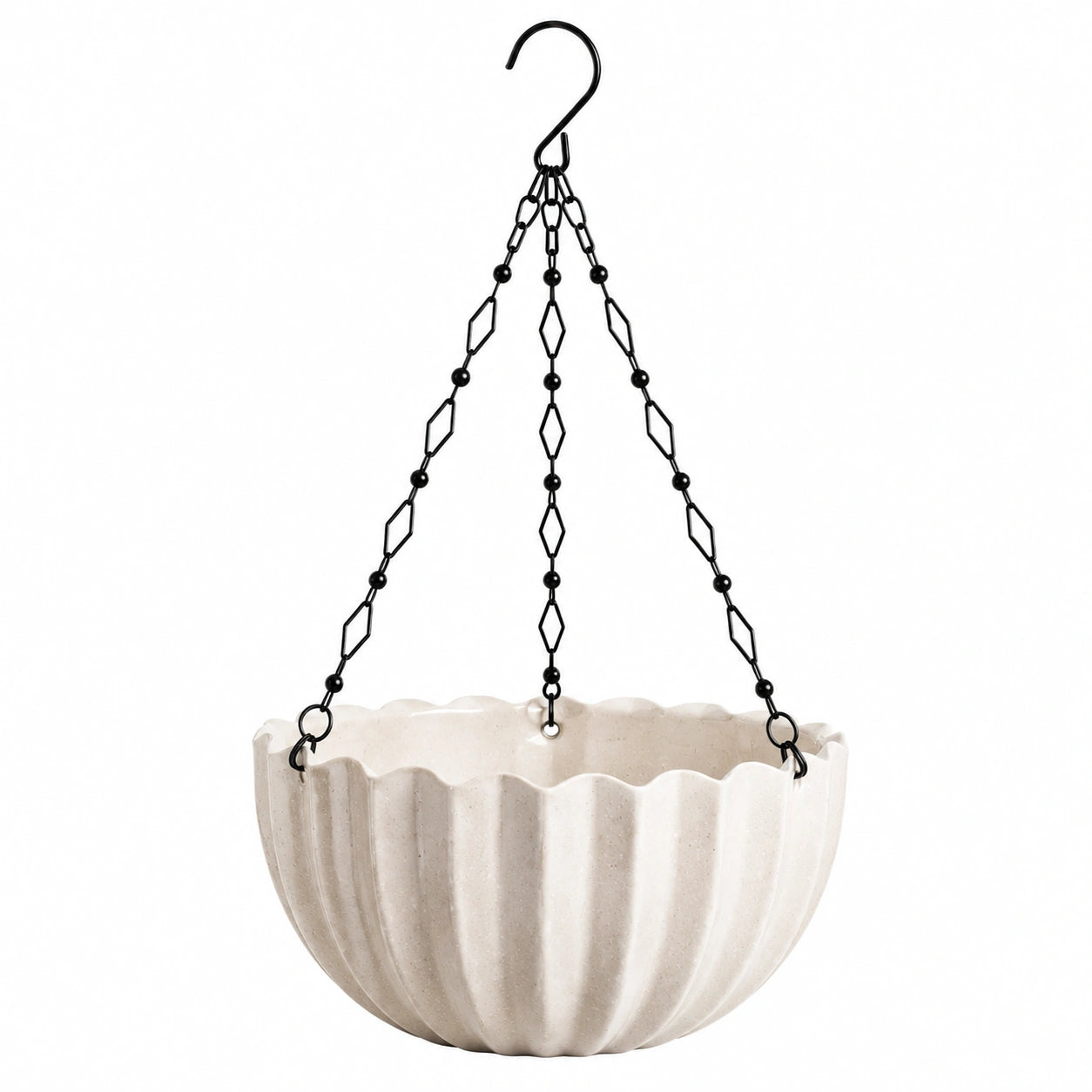 Pot de fleurs suspendu diamètre 25 cm en céramique crème avec chaîne métallique noire décoratif
