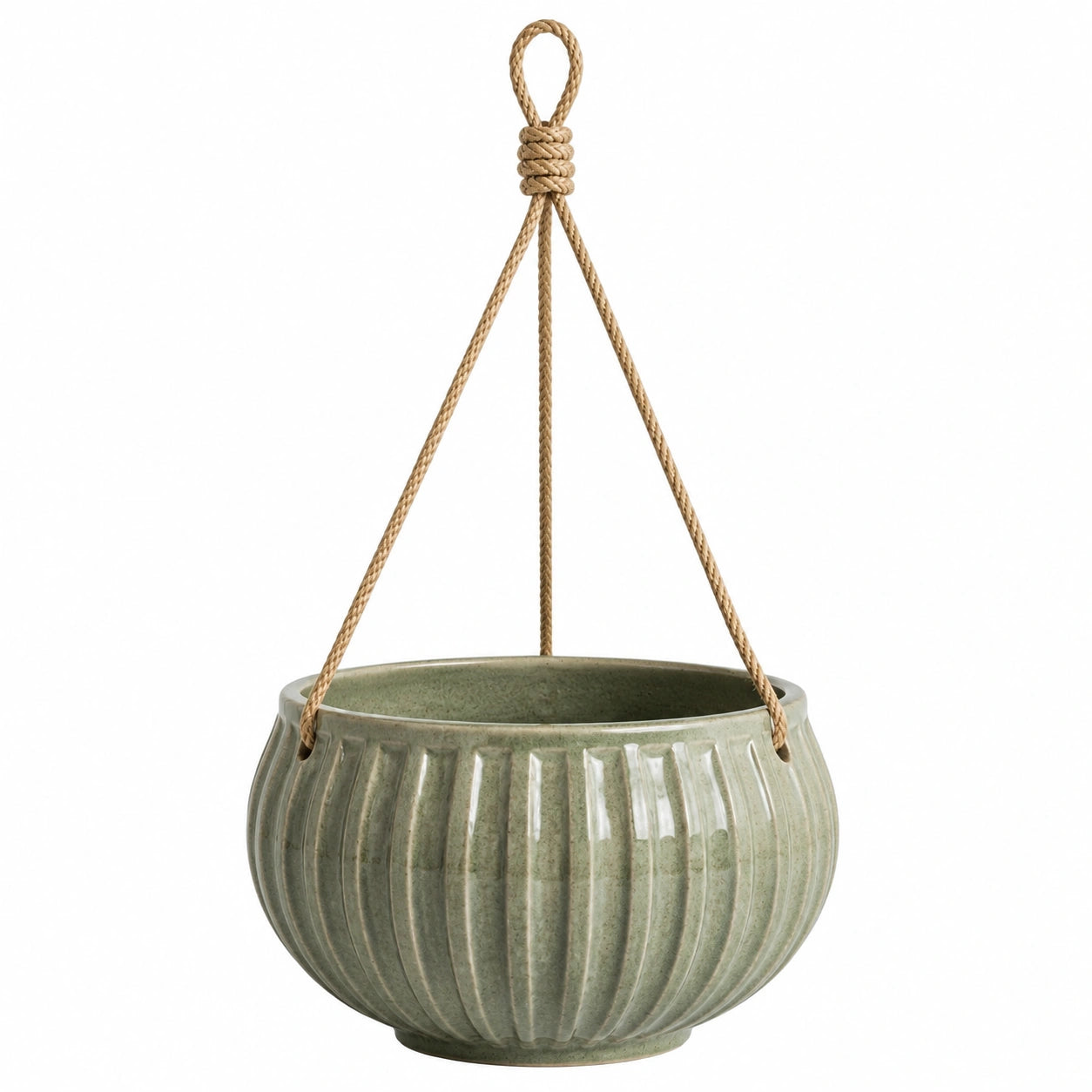 Pot de fleurs suspendu diamètre 20 cm en céramique vert sauge avec corde style strié