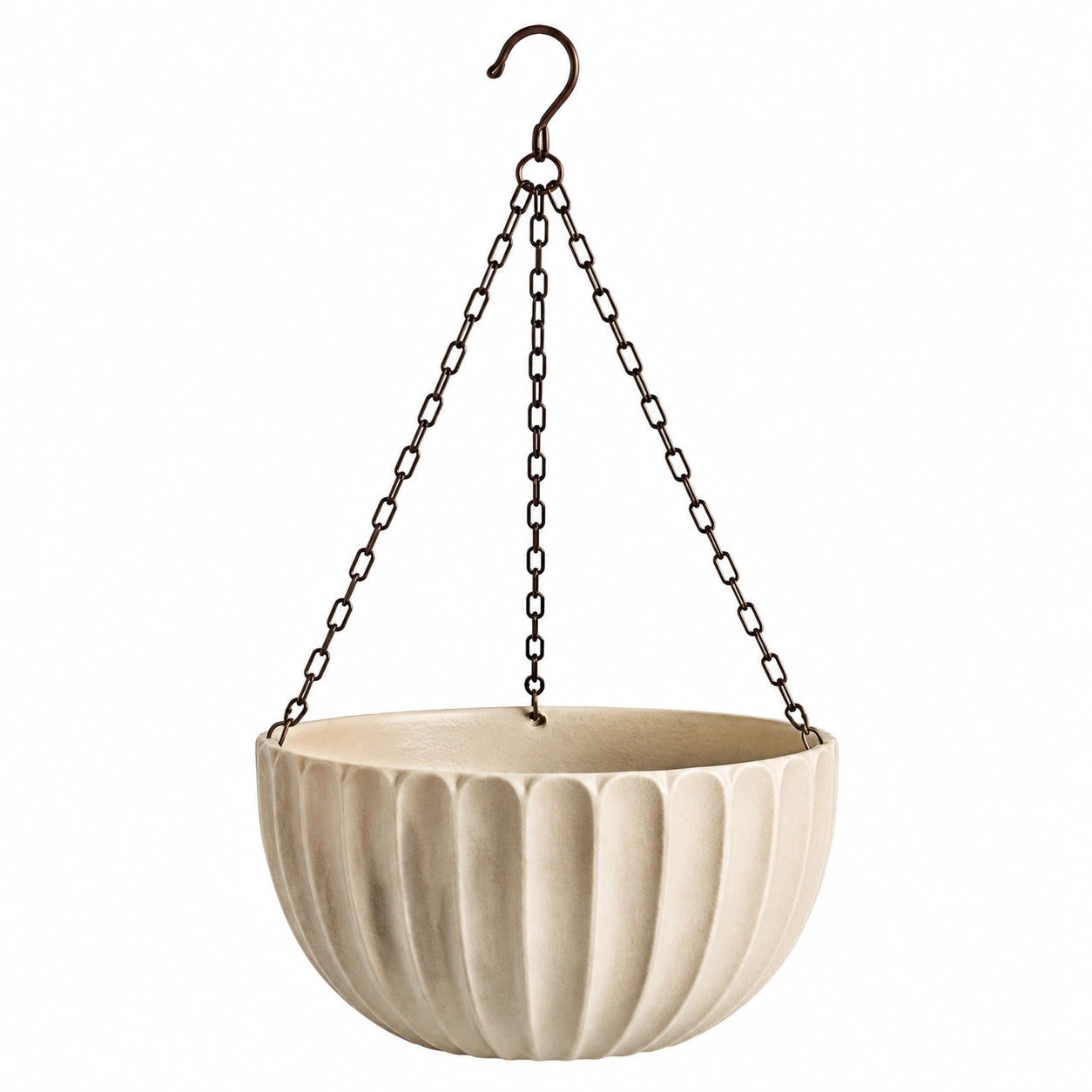 Pot de fleurs suspendu Ø 25 cm en céramique beige avec chaînes métalliques style rainuré