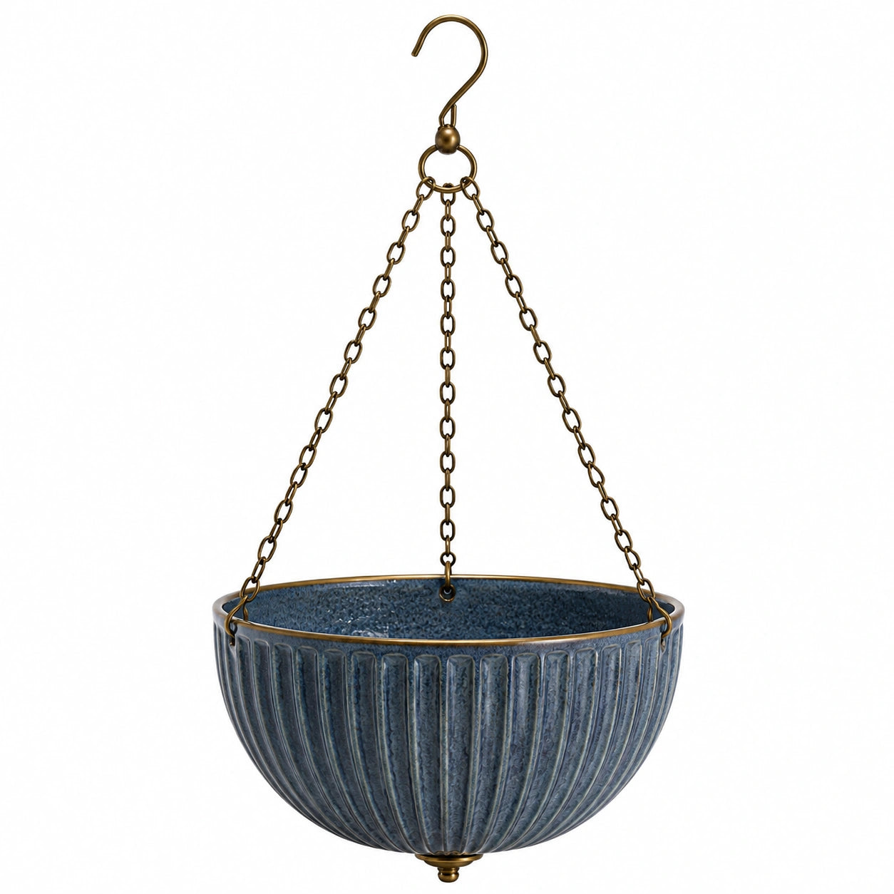 Jardinière suspendue ronde 30 cm en céramique bleu foncé avec chaînes métalliques pour plantes