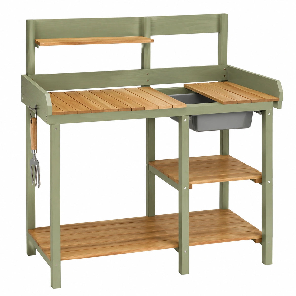 Table de rempotage 115 x 45 x 140 cm en bois vert et naturel avec bac et étagères