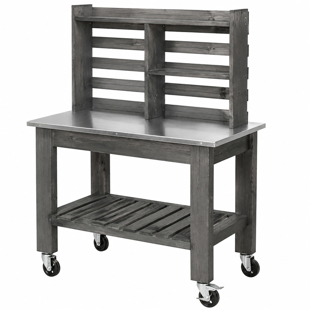 Table de jardinage 110 x 55 x 150 cm en bois gris avec plateau métal et roulettes