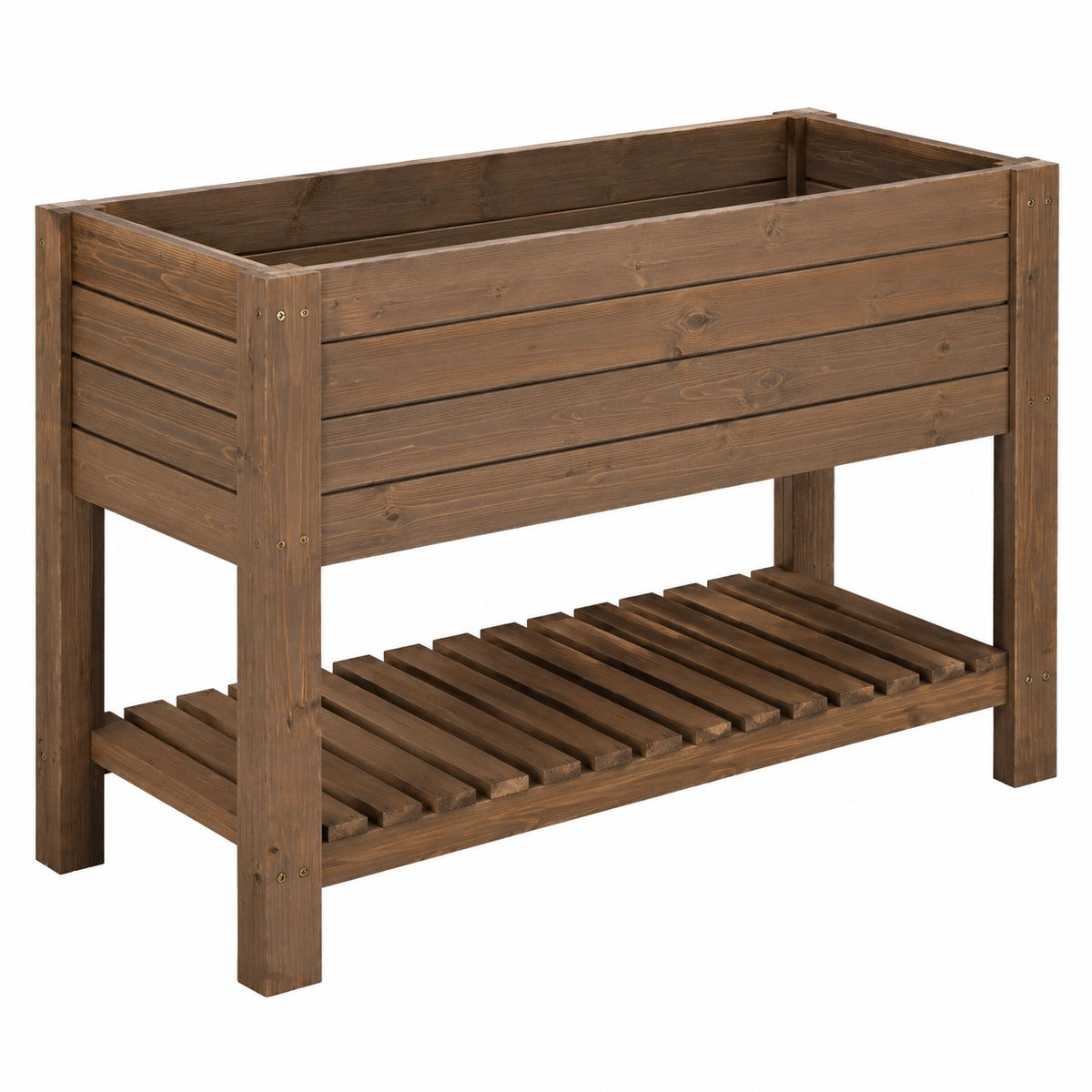 Bac de jardin surélevé 120 x 60 x 80 cm en bois brun avec étagère de rangement