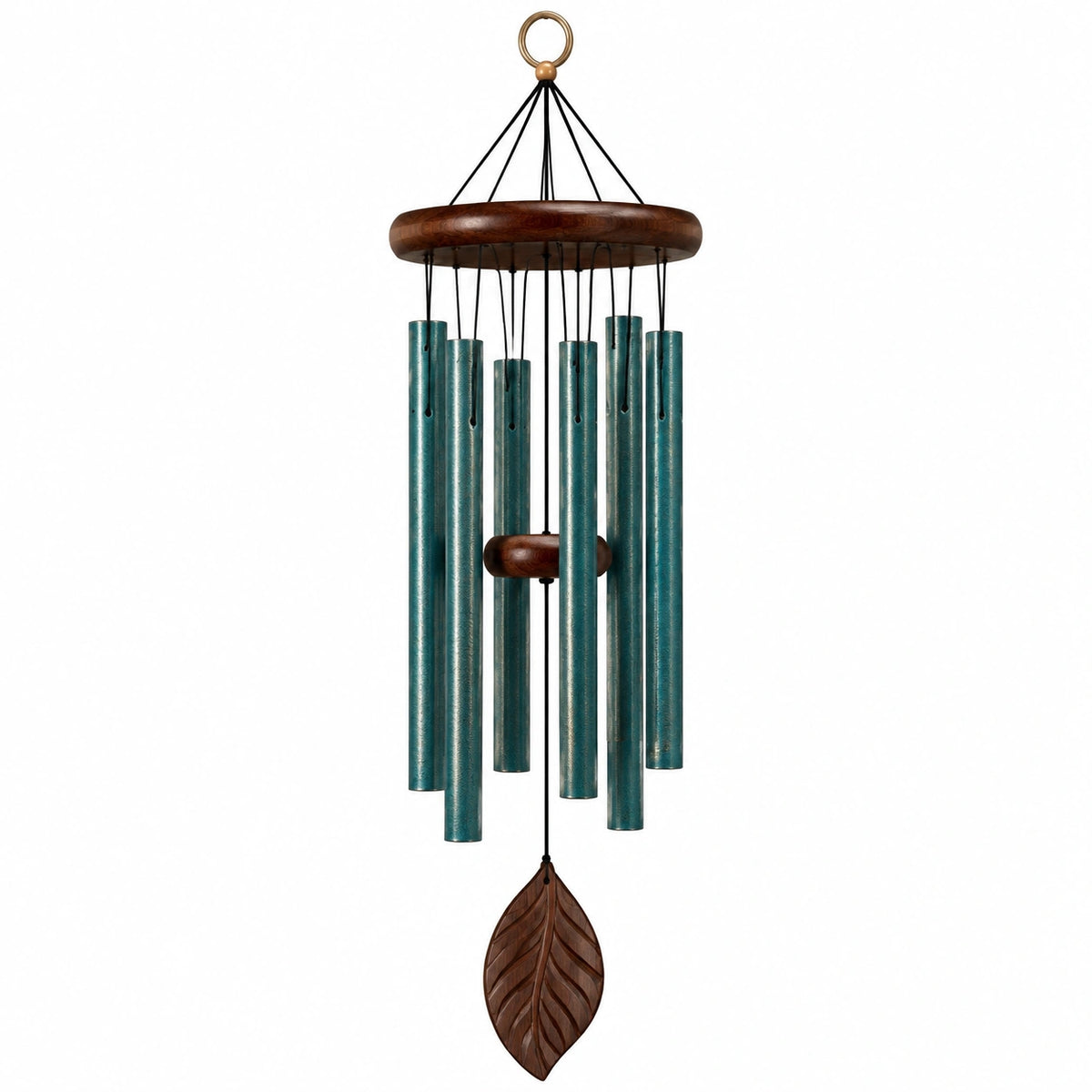 Carillon éolien 90 cm en métal et bois bleu turquoise pour décoration suspendue