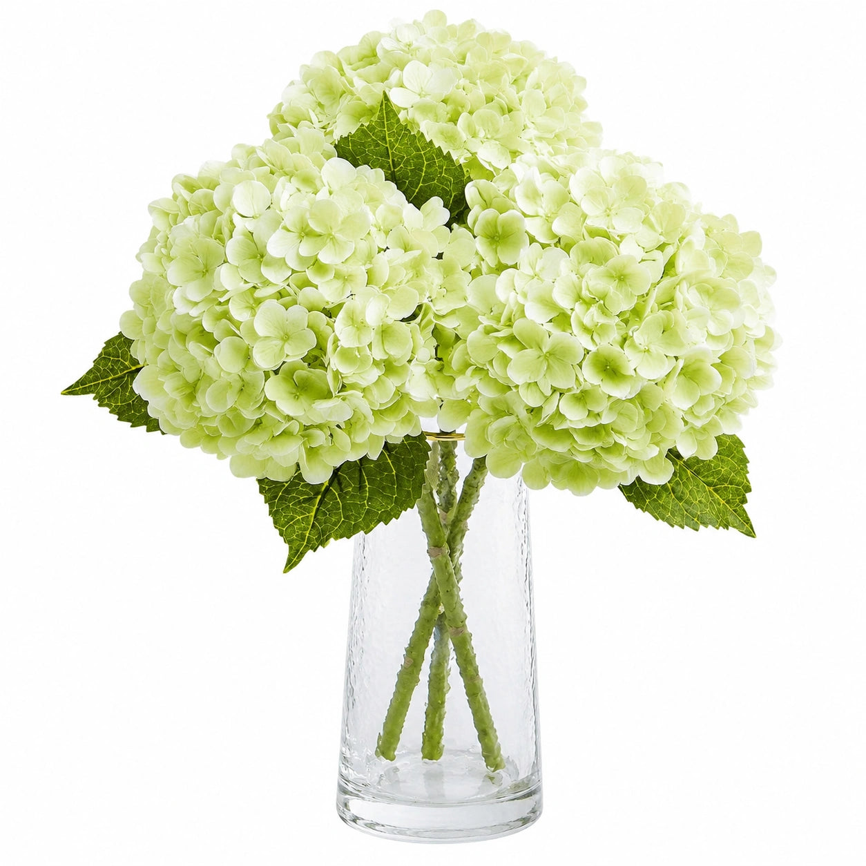 Bouquet de fleurs artificielles hortensias 58 cm vert clair avec vase en verre décoratif