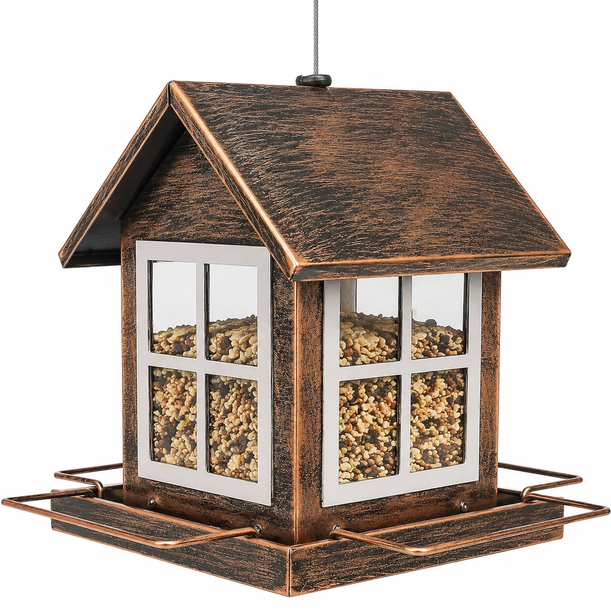 Mangeoire à oiseaux suspendue 25 x 25 x 30 cm en métal brun cuivré avec réservoir transparent